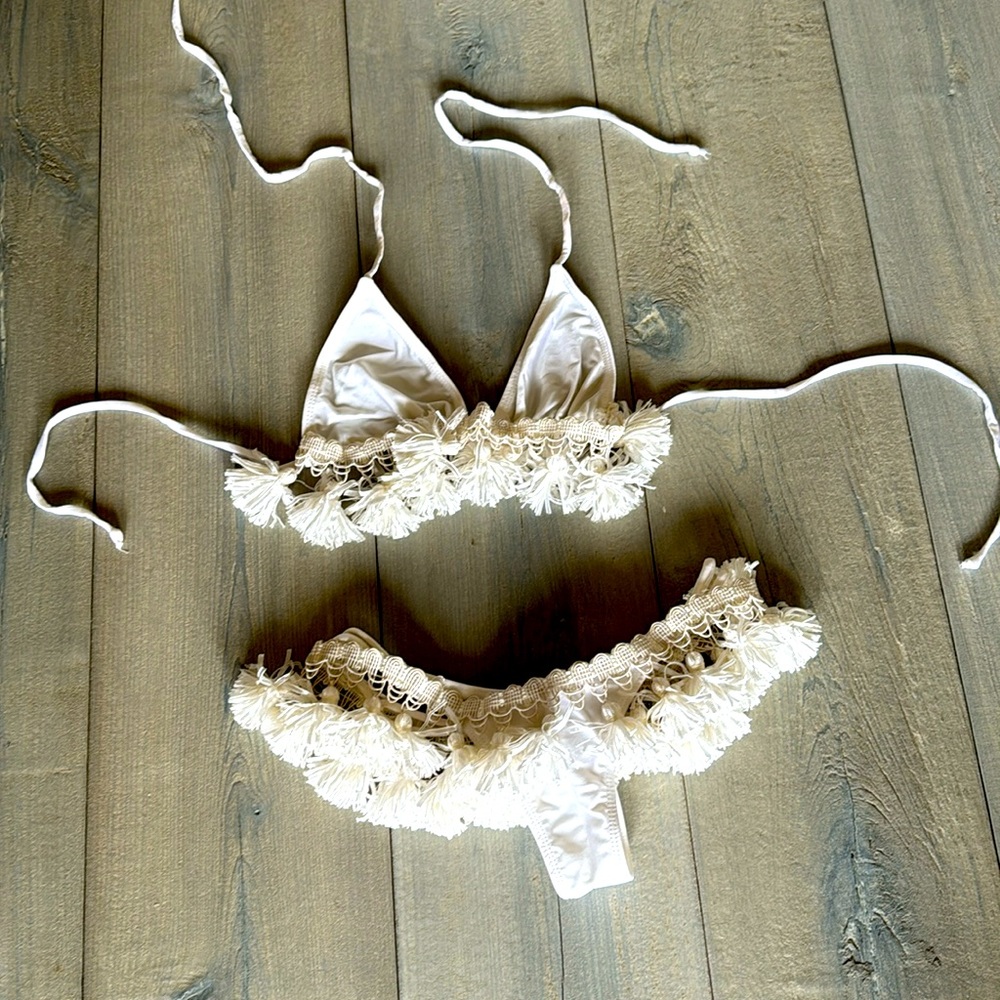 White Tassle Thong bikini